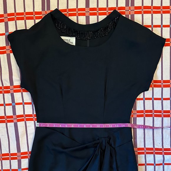 VINTAGE 1990s NICOLE ELIZABETH BLACK MIDI DRESS WITH BLACK BEAD DETAIL. SZ 9/10 - Picture 8 of 9